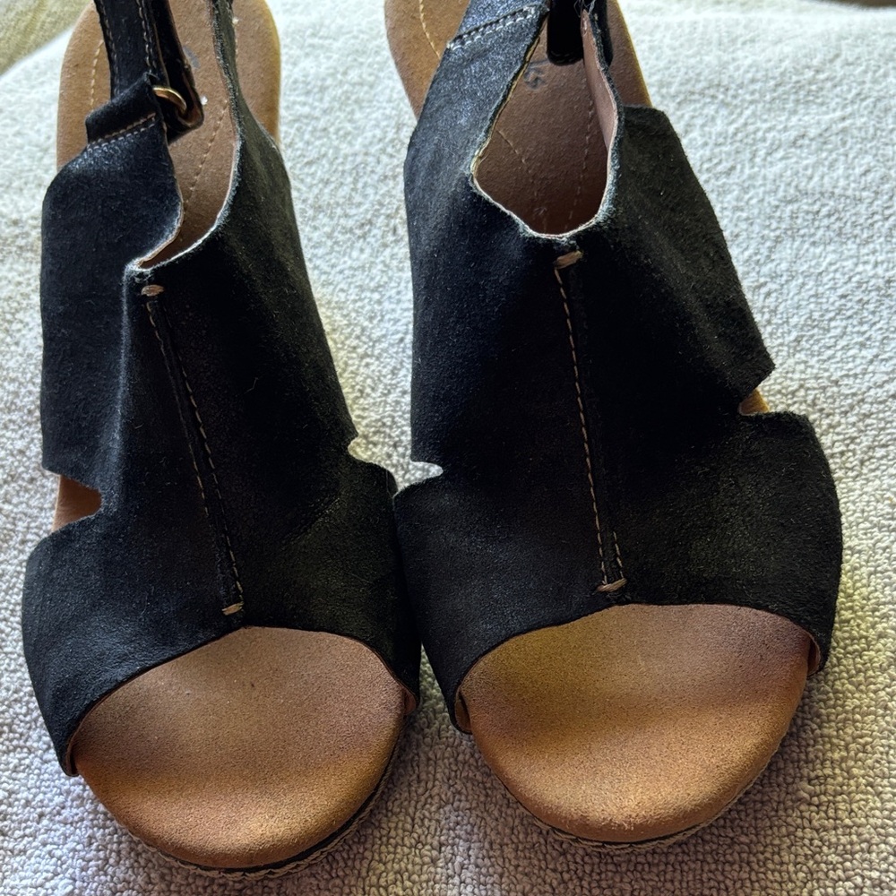Clarks Black Suede Open-Toe Wedge Heels